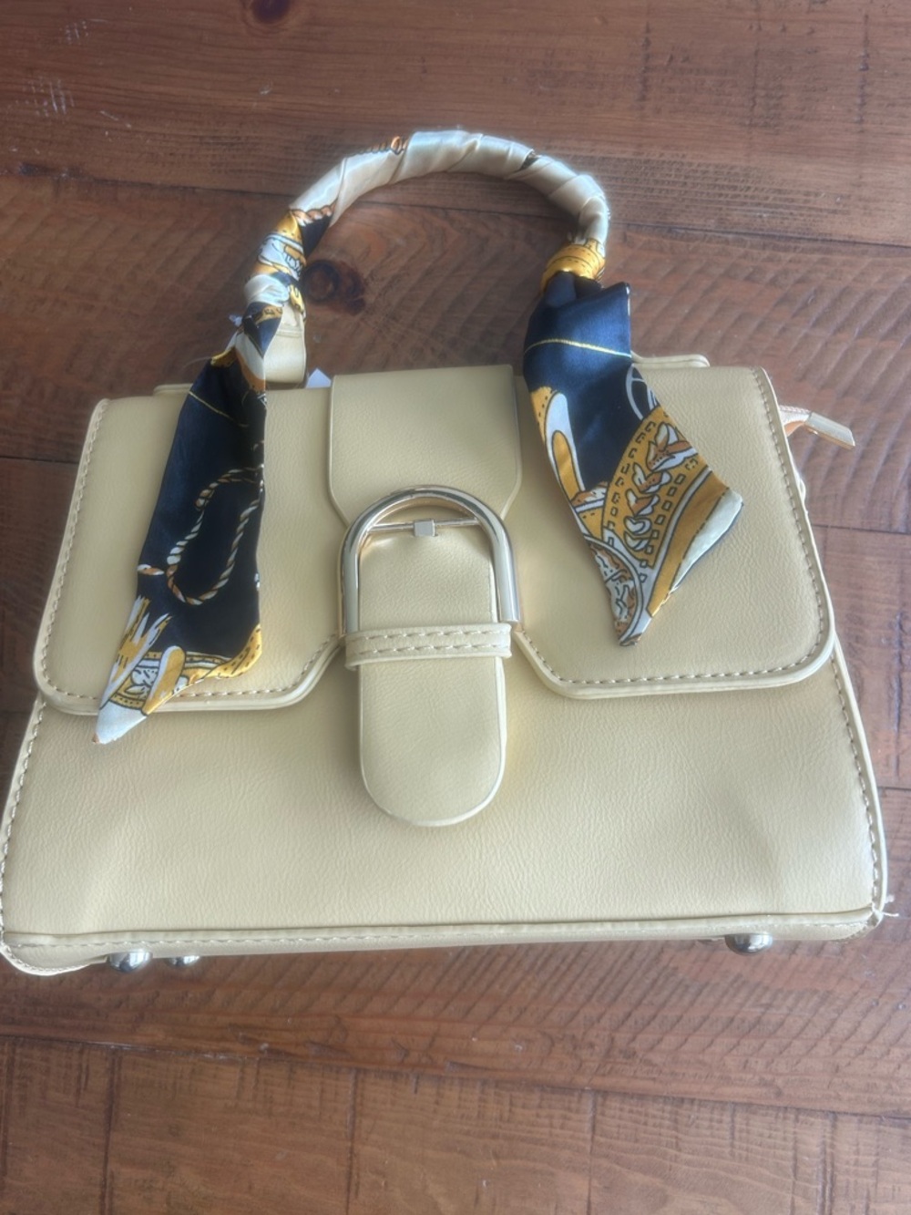 Structured Cream-Butter Top Handle Satchel with Scarf Detail